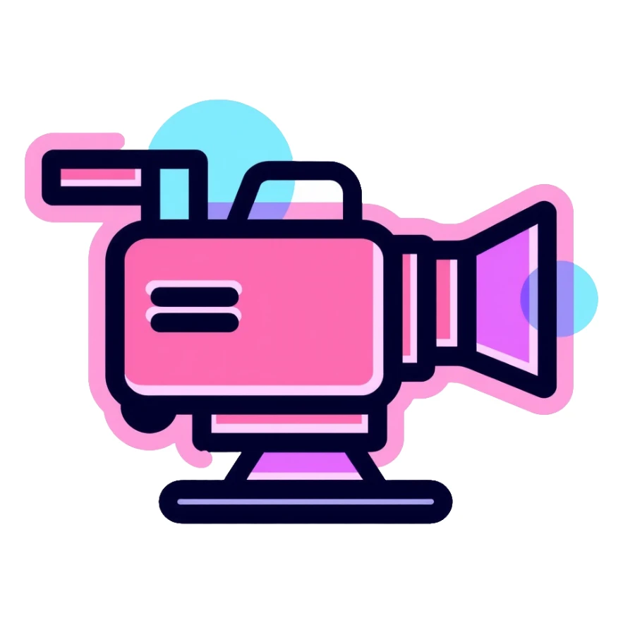 videographer's camera in pink color, with neon glow lines, blue neon glow on top left, purple neon glow on bottom right sticker