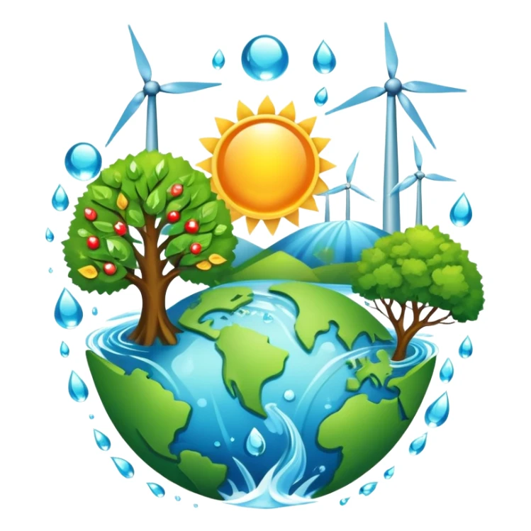 An icon featuring a green Earth, a tree, recycling symbols, and renewable energy sources like wind turbines, solar panels, and hydropower. The design includes animals, water droplets, and the sun, representing ecology, sustainable energy, and environmental protection. Transparent background. sticker