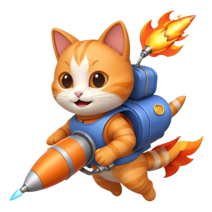 cute cat flying with a rocket pack on its back, rocket flames, happy face, 3D cartoon, mobile game icon style, clean background, no text, no watermark
 sticker