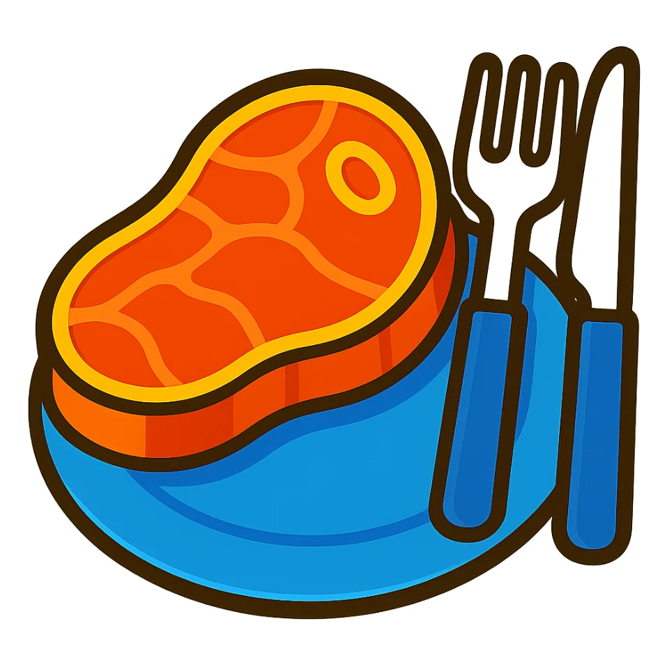 Add a plate under the steak, fork, and knife. Keep the vibrant toon style with no background. sticker