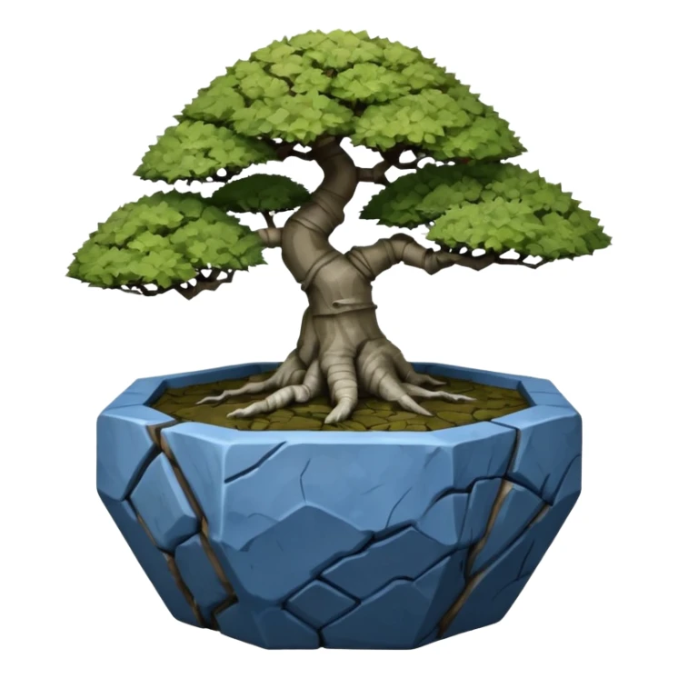 Singapore very old broken intricate Stone Age rocky-crusted dodecahedron-shaped shallow dark moss rough bark blue maple tree bonsai pot sticker