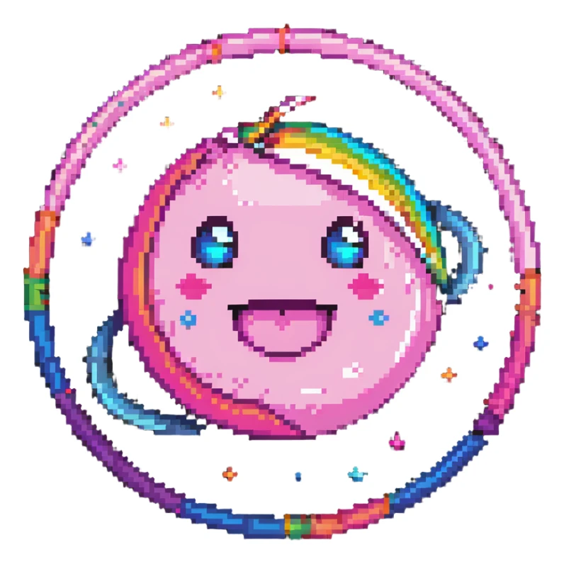 pink planet with vibrant rainbow rings and a cute winking face sticker