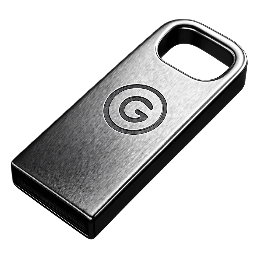 minimalist logo on a sleek metallic USB drive, modern branding gadget sticker