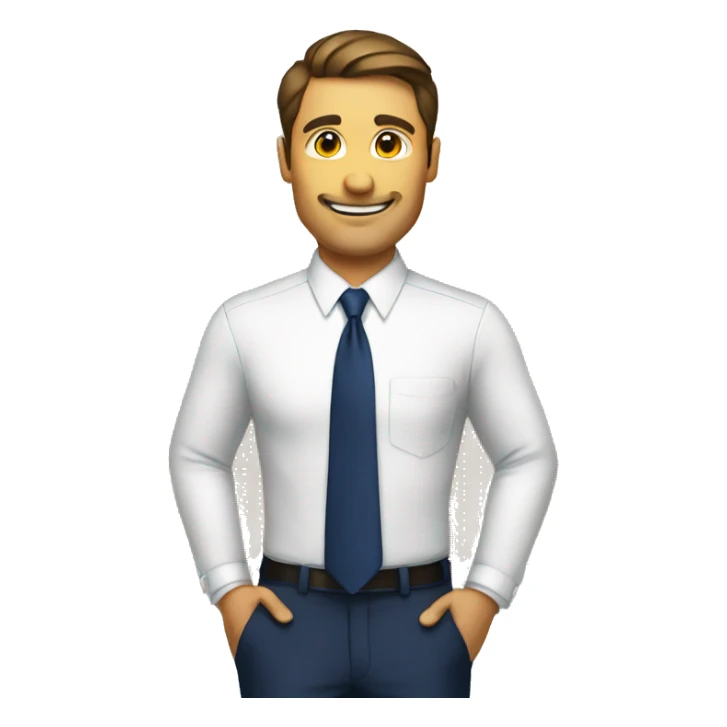 A man with white shirt navy blue tie raising a board sticker