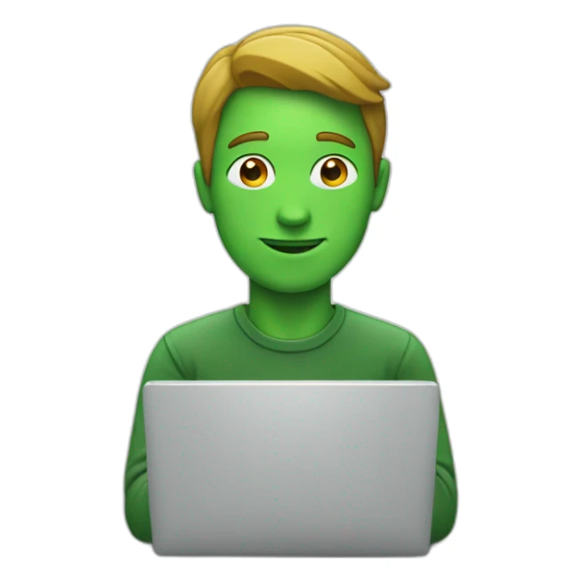 man, with a laptop, green stone logo on the laptop sticker
