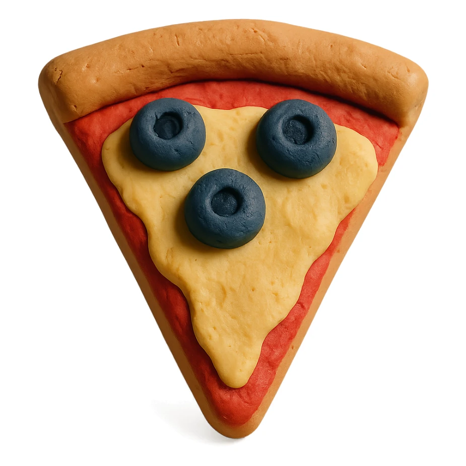 pizza slice with olives and a thick crust in claymation style sticker