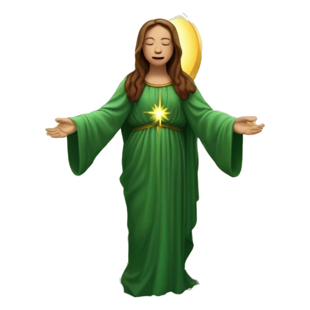Virgin Mary: kind face looking down at the left, long brown hair, Wearing an emerald green  robe with gold stars and a burgundy red dress,  Hands in prayer or blessing. Halo around her head. standing in front of a big sun. colorful roses on the sides  sticker