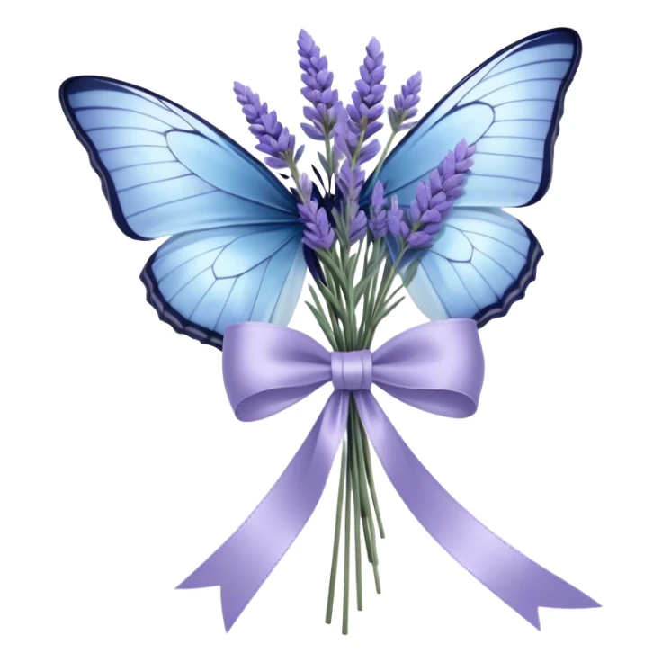 A luxurious satin bow in soft ivory is carefully tied around a bouquet of dried lavender, its delicate texture contrasting with the smooth silk. A single pale blue butterfly with translucent wings perches atop the bow, as if drawn to its quiet beauty. Another butterfly hovers nearby, casting intricate shadows over the fabric folds. sticker