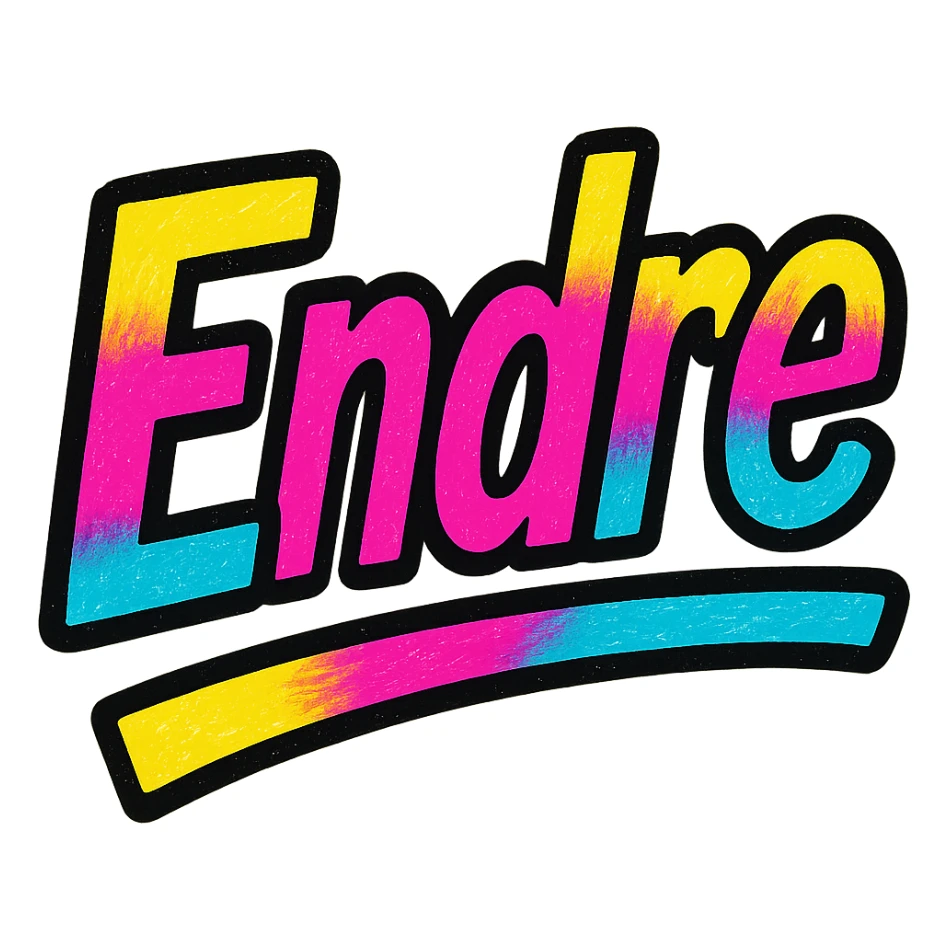 Endre name in modern colorful gradient font with dark outline, dynamic slanted or partial underline, transparent background, in the style of reference patterns sticker