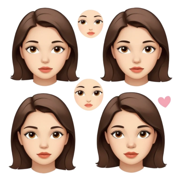Create a set of stickers featuring a young woman (approximately 18–25 years old) with the following details:
 • Facial Features:
 • Light skin with subtle acne or blemishes on the cheeks and jawline.
 • Expressive eyes with delicate, defined eyeliner.
 • Medium fullness lips.
 • Hair:
 • Dark or light brown hair styled neatly (for example, pulled back or styled in a simple, tidy manner).
 • Makeup:
 • A natural and light makeup look emphasizing her eyes and lips.

The sticker set should capture a variety of emotions and expressions while maintaining a consistent and recognizable look:
 1. Cheerful smile.
 2. Joyful laugh.
 3. Playful wink.
 4. Surprised expression.
 5. Sad or disappointed look.
 6. Angry or annoyed expression.
 7. Quirky or silly facial expression.
 8. Calm and composed expression. sticker