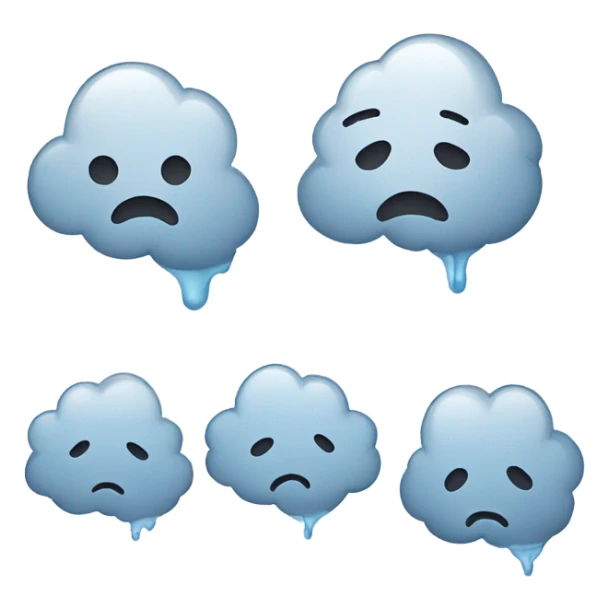 Minimalist depression-themed emoji set with a sad face, rain cloud, broken heart, teardrop, and neutral face with thought bubble in muted gray and blue tones on white. sticker
