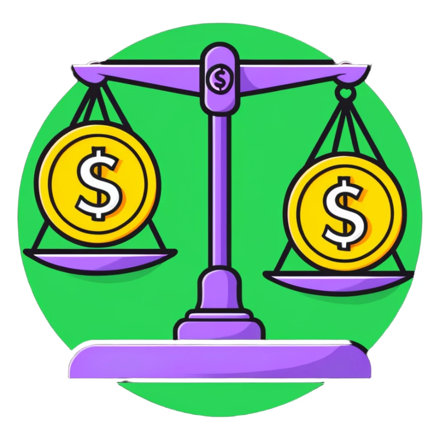 A balanced scale with money and dollar signs on one side and three colorful stars on the other side sticker