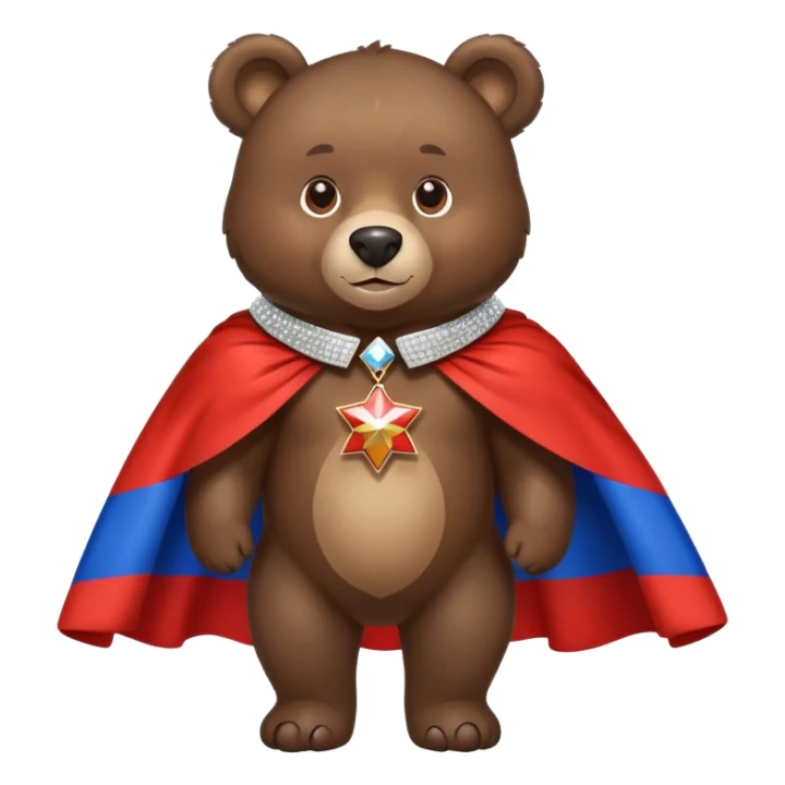Medium-dark brown bear on all four legs with a sparkling diamond collar or necklace around its neck, Russian flag cape on its back sticker