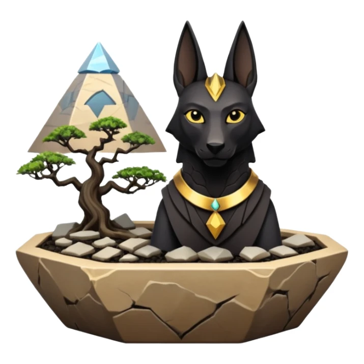 Kindly Protecting silky black-haired tiny statuette scale Anubis and pyramid scenery stone-age cracked irregular dodecagon bonsai pot  sticker