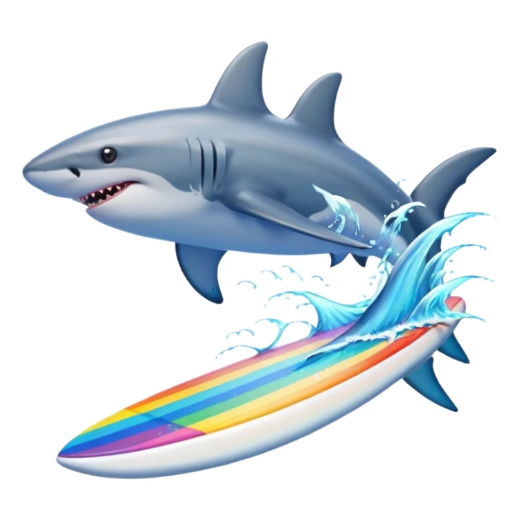 Shark surfing with dolphins and rainbows sticker