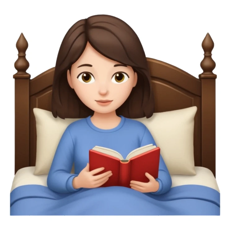 Brunette woman cozy in bed reading sticker