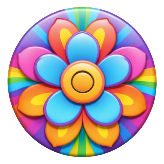 A round psychedelic colored button with rainbow colored hippie style flower border sticker