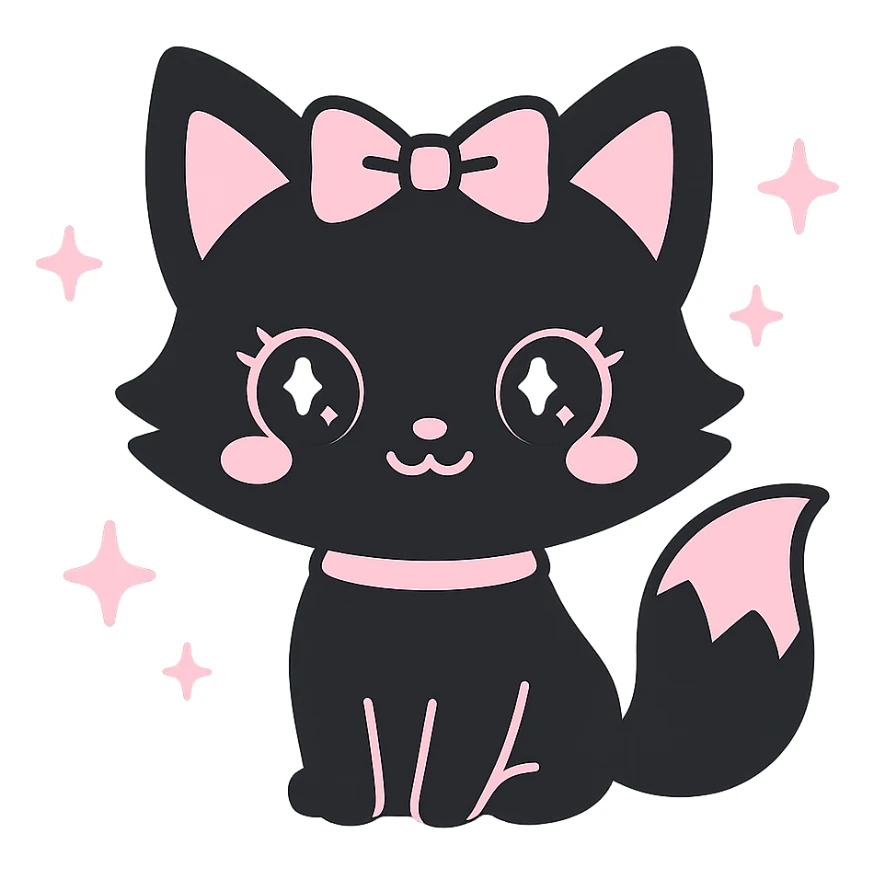 kawaii style magical gothic fox inspired by BLACKPINK, smiling face, black fur with pink accents, big eyes, surrounded by sparkles, fun and fashionable sticker