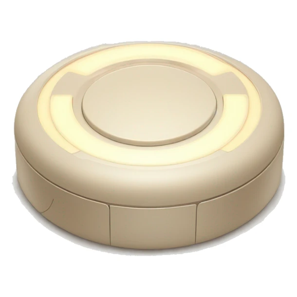 A futuristic and minimalist circular audio device inspired by the Donda Stem Player. The device features a smooth beige surface with glowing LED strips arranged in a cross pattern sticker