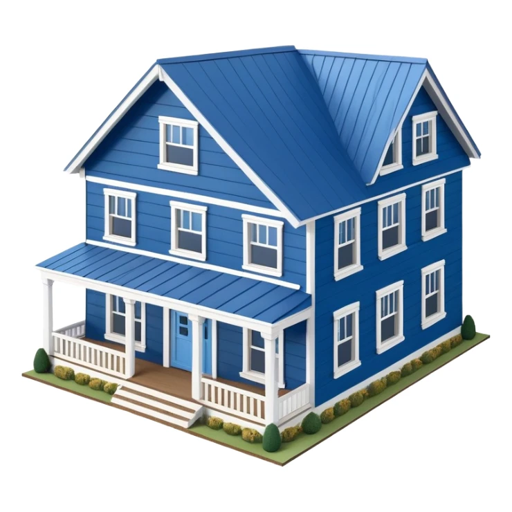 Blue and white farmhouse exterior, isometric dollhouse-style, highly detailed  sticker