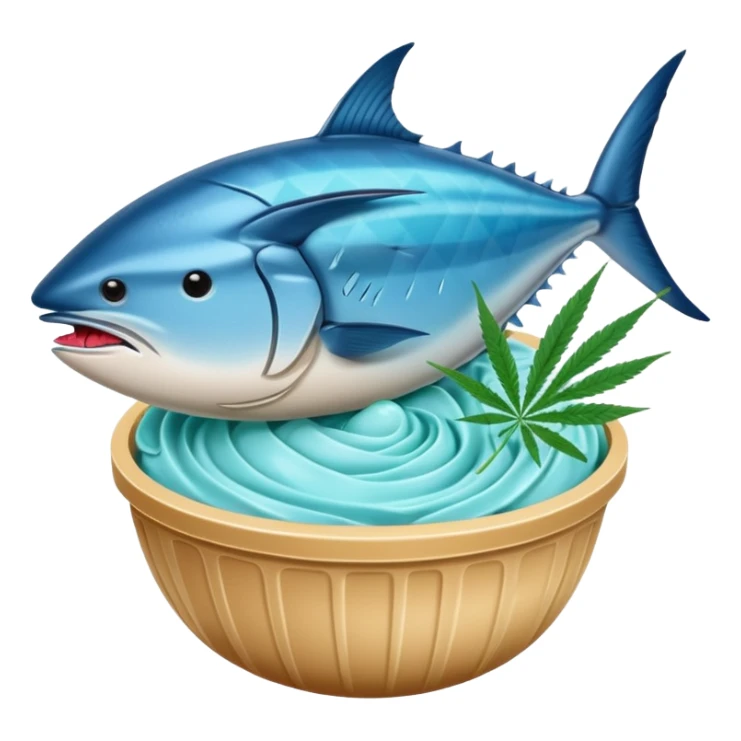 bluefin tuna in a gelato with cannabis leaf sticker