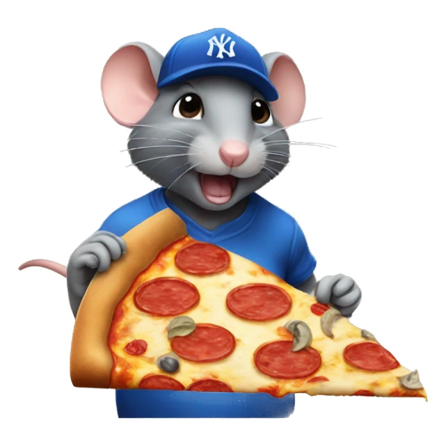 rat wearing blue New York yankee cap while eating a big pizza sticker