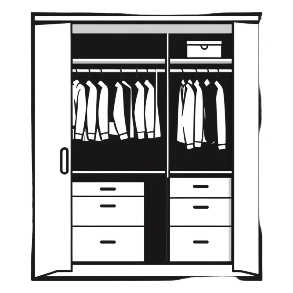 Modern closet with door ajar showing organized professional clothing, work wardrobe storage sticker