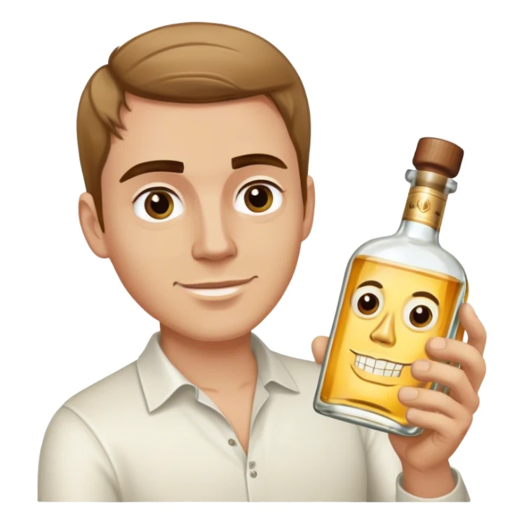 white guy light brown hair and eyebrows holding a bottle of tequila sticker