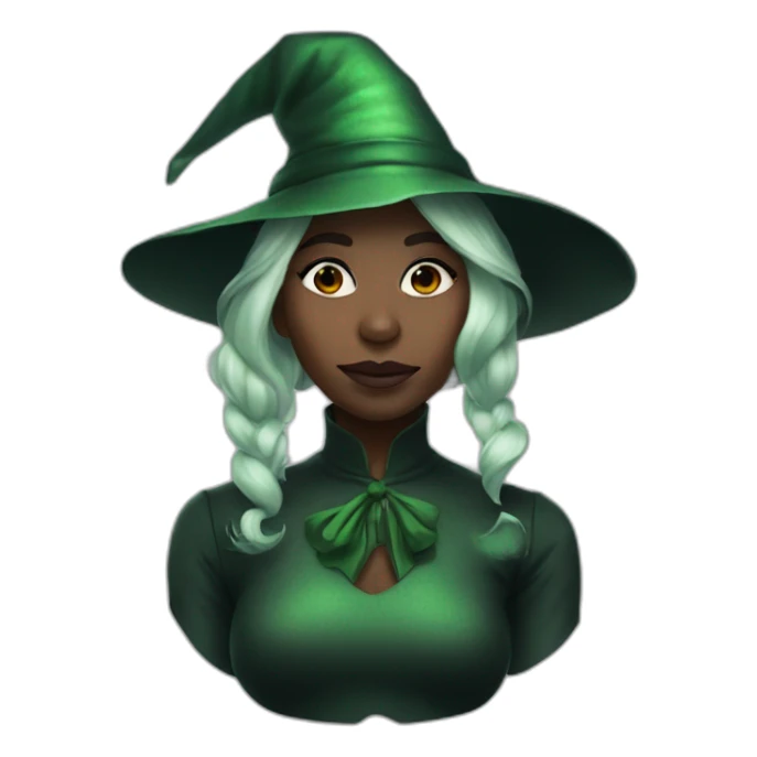 Cynthia Erivo with green skin and a witch hat sticker