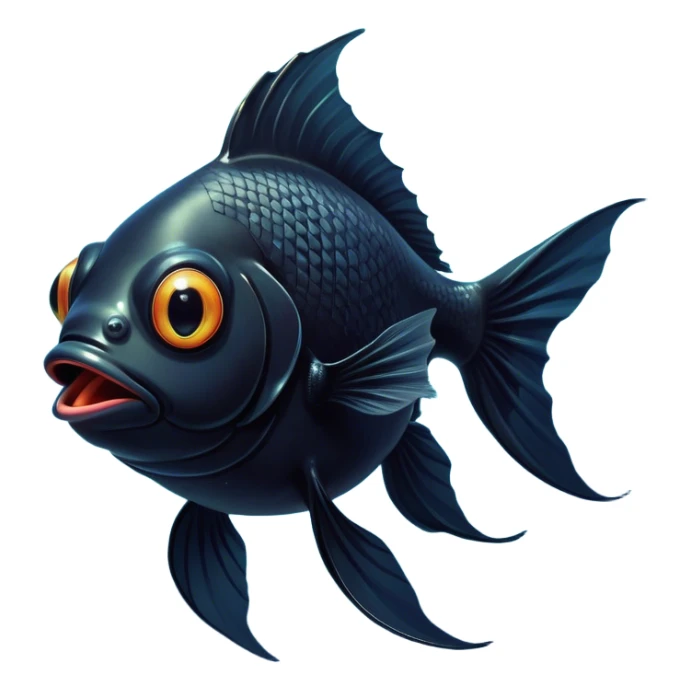 Cinematic Comical Black Goldfish Portrait Emoji, Head tilted dramatically with an exaggeratedly amused expression, featuring a striking, glossy deep black body with vibrant, fluttering fins, wide, expressive golden eyes filled with playful disbelief, Simplified yet hilariously expressive features, highly detailed, glowing with a slightly sassy glow, high shine, dramatic yet playful, stylized with an air of cheeky mischief, bright and endearing, soft glowing outline, capturing the essence of a spirited and over-the-top goldfish, so meme-worthy it feels like it could side-eye its way into internet fame instantly! sticker
