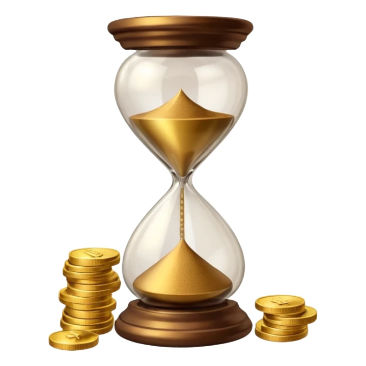 Realistic 3D render of a stack of shiny gold coins with brown hourglass beside it. The hourglass has transparent glass with dark golden-brown sand flowing inside and warm brown top and base. Soft lighting, clean white background, smooth shadows, high detail, symbolizing time and wealth. sticker