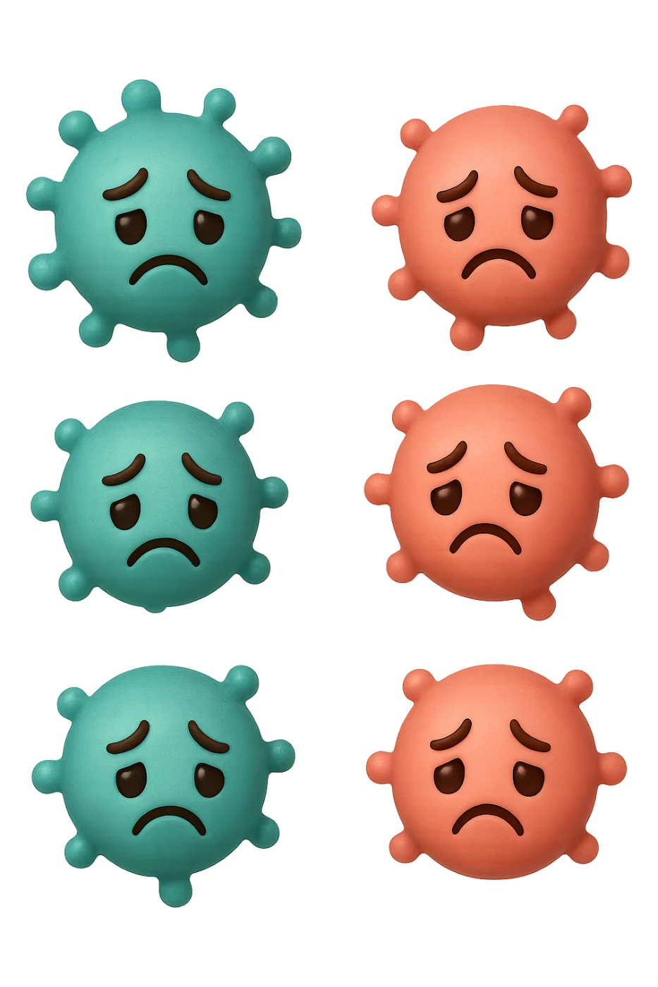 EMOJI STILE IPHONE DI 3 BATTERI INTESTINALI turchesi tristi e 3 batteri intestinali rosa salmone tristi CHE FLUTTUANO IN ARIA IPERREALISTICO 4K sticker