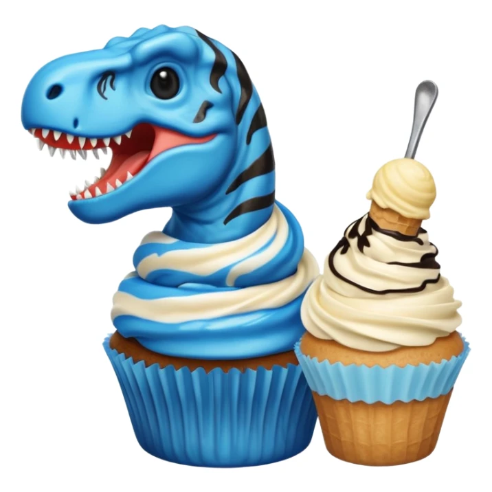 A cupcake having blue and black icing and a dinosaur as a decoration and ice cream next to it sticker