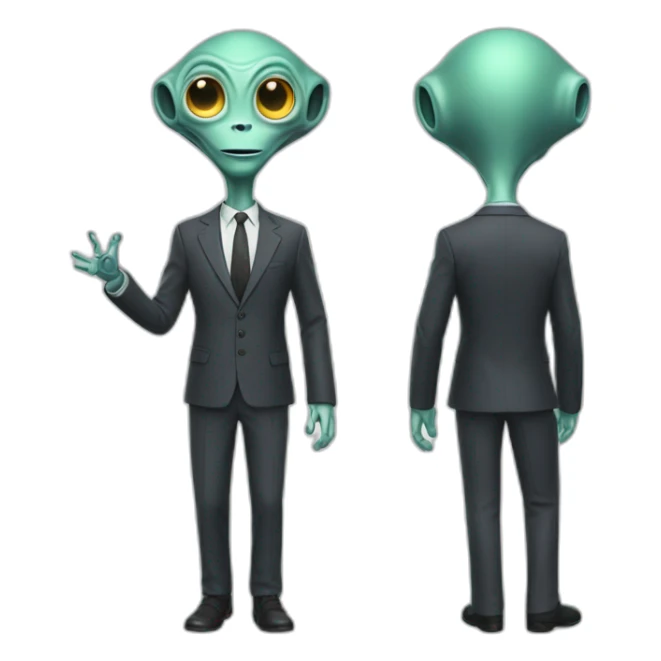 Friendly alien, dressed in suit, with antena in ears. Full body sticker