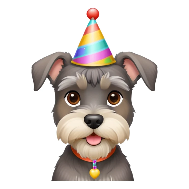 A schnauzer dog wearing a colorful birthday hat sticker