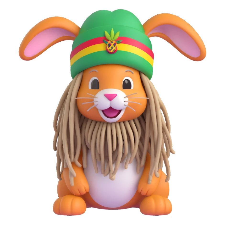 a bunny wearing a Rasta hat with dreadlocks, smiling, Jamaican theme sticker