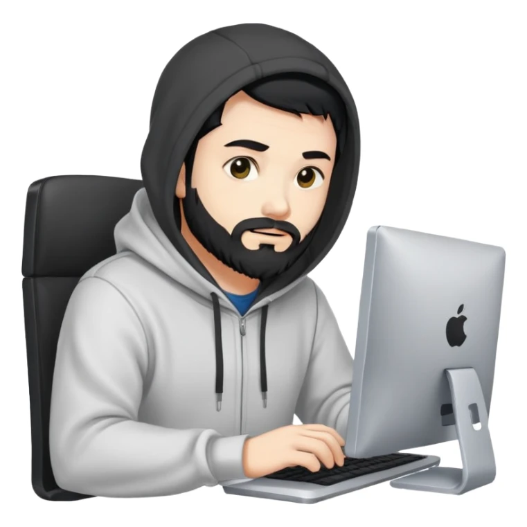 male coder with black hair, beard, and white skin, wearing a hoodie, sitting in front of a computer, focused on coding sticker