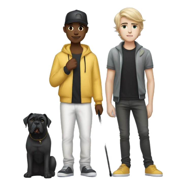 young white boy with justin beiber hairstyle standing alongside a black cane-corso sticker