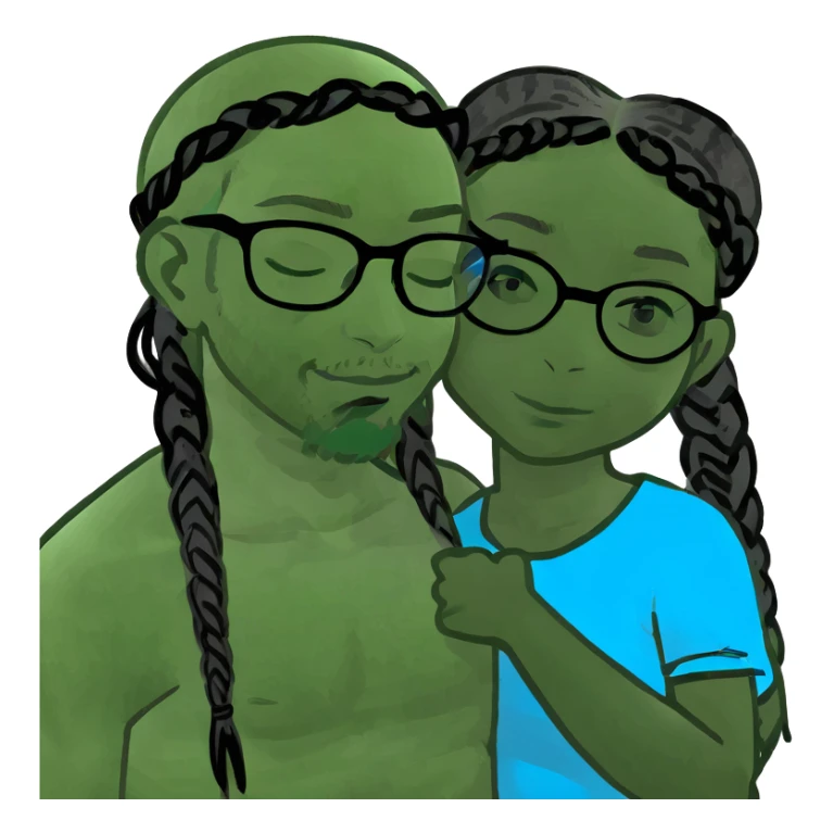 Jesus hugging a black girl with clear glasses and blue and black braids  sticker