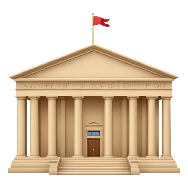 Minimal 3D emoji style government ministry building, classical architecture with columns and triangular roof, official state institution, neutral beige stone, clean shading, financial institution icon, isolated on transparent background, professional, no flags, no text sticker