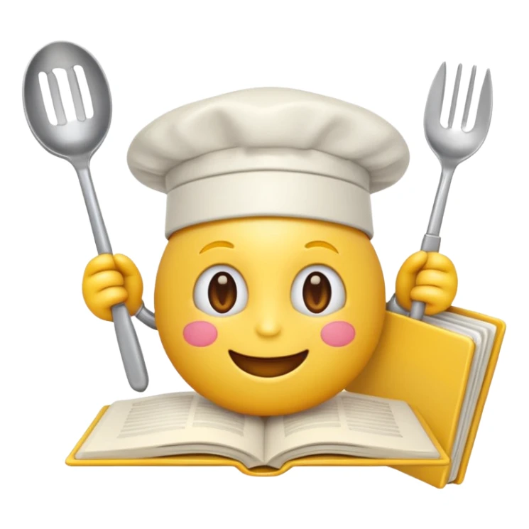 cheerful emoji holding an open cookbook, surrounded by kitchen utensils sticker