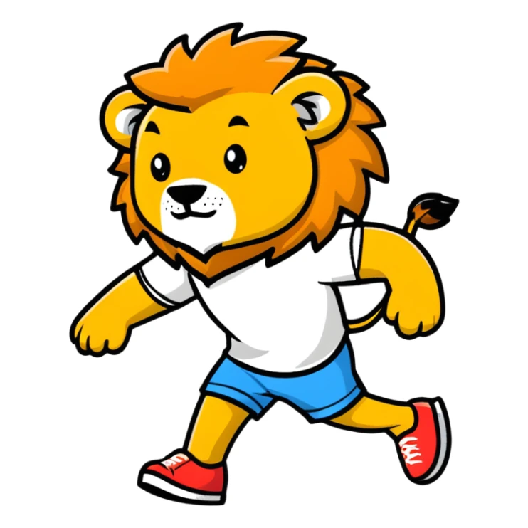 retro 1950s anthropomorphised lion in a t-shirt and shorts, walking sticker