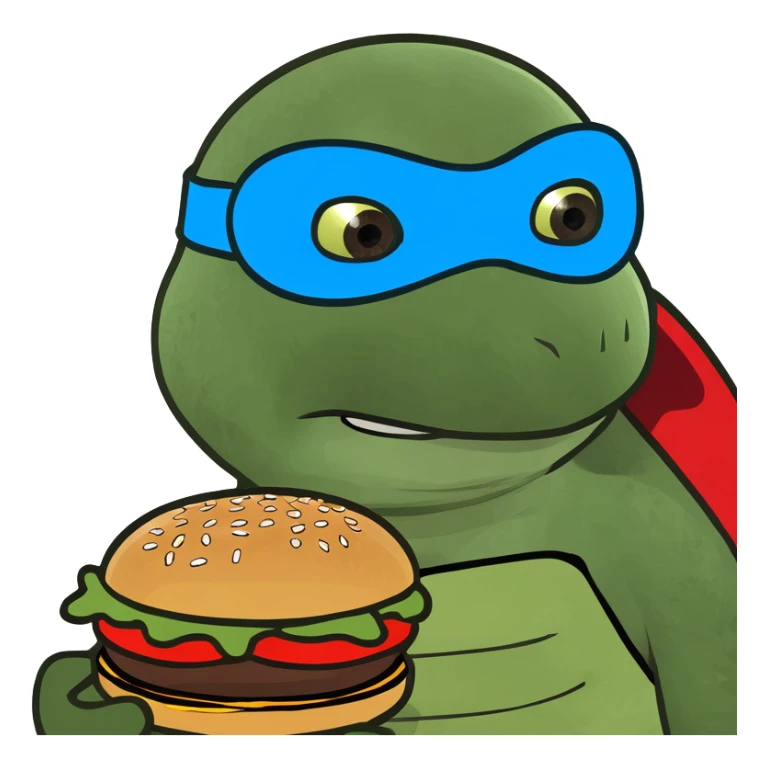 ninja turtle wearing blue eye mask with burger sticker