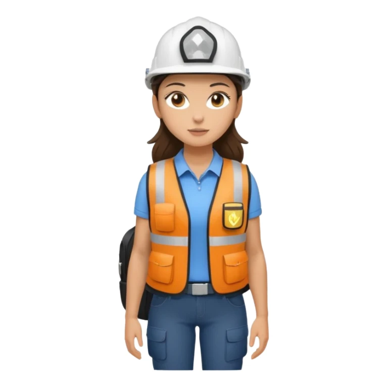 Brunette brown Girl full body standing with her white security helmet and security vest on, also with her black backpack sticker