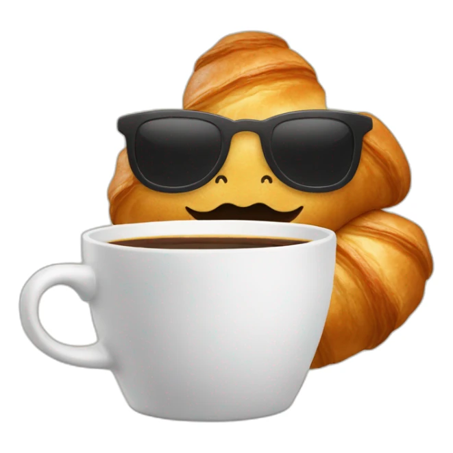 A croissant with a face with a mustache that drinks a cup of coffee sticker