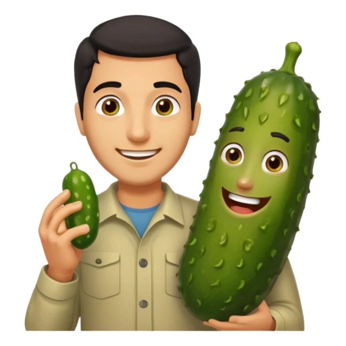 Dark haired Arab man standing next to a pickle with a face on it sticker