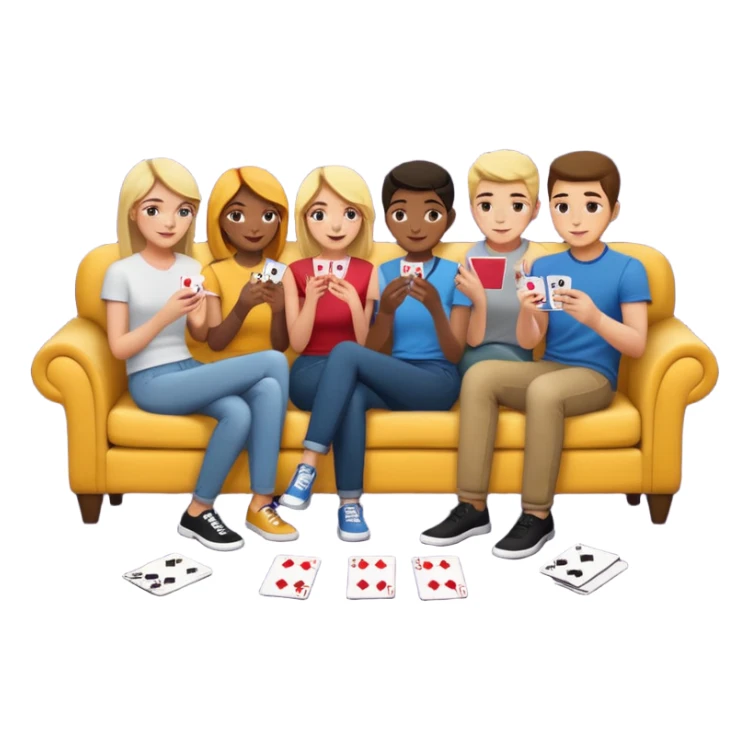group of friends on couch playing a card game couch should be deep dark yellow color sticker