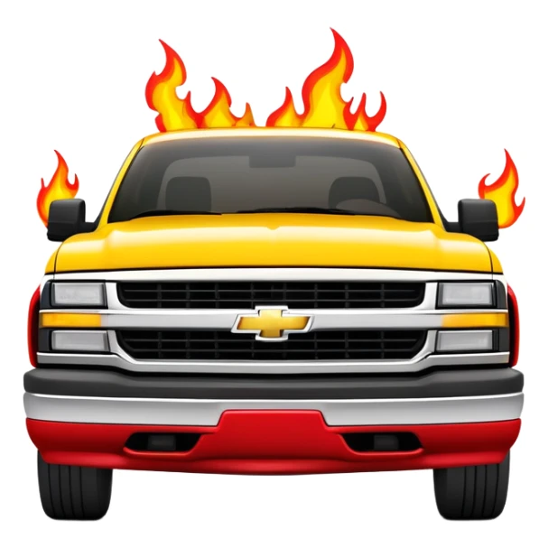 Bright yellow 1997 Chevrolet C-2500 Crew Cab Silverado from Kill Bill with red flame decals on the front hood, 30-degree view showing flames clearly, iOS emoji style sticker