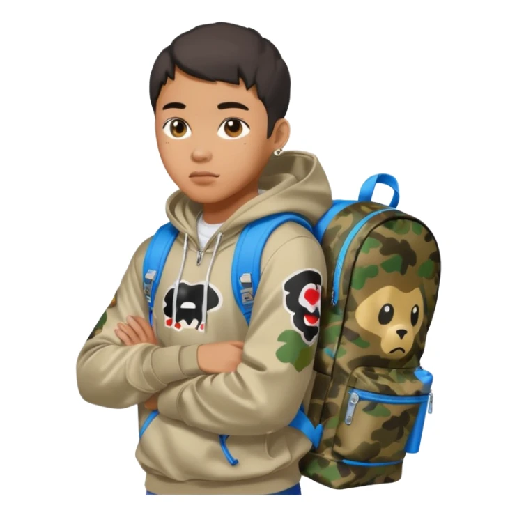 blasian teenager with bape hoodie and sprayground backpack sticker
