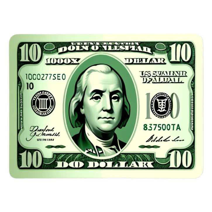 3D realistic US 100 dollar bill sticker, slight perspective, centered, clean cutout, transparent background, no text, no watermark sticker